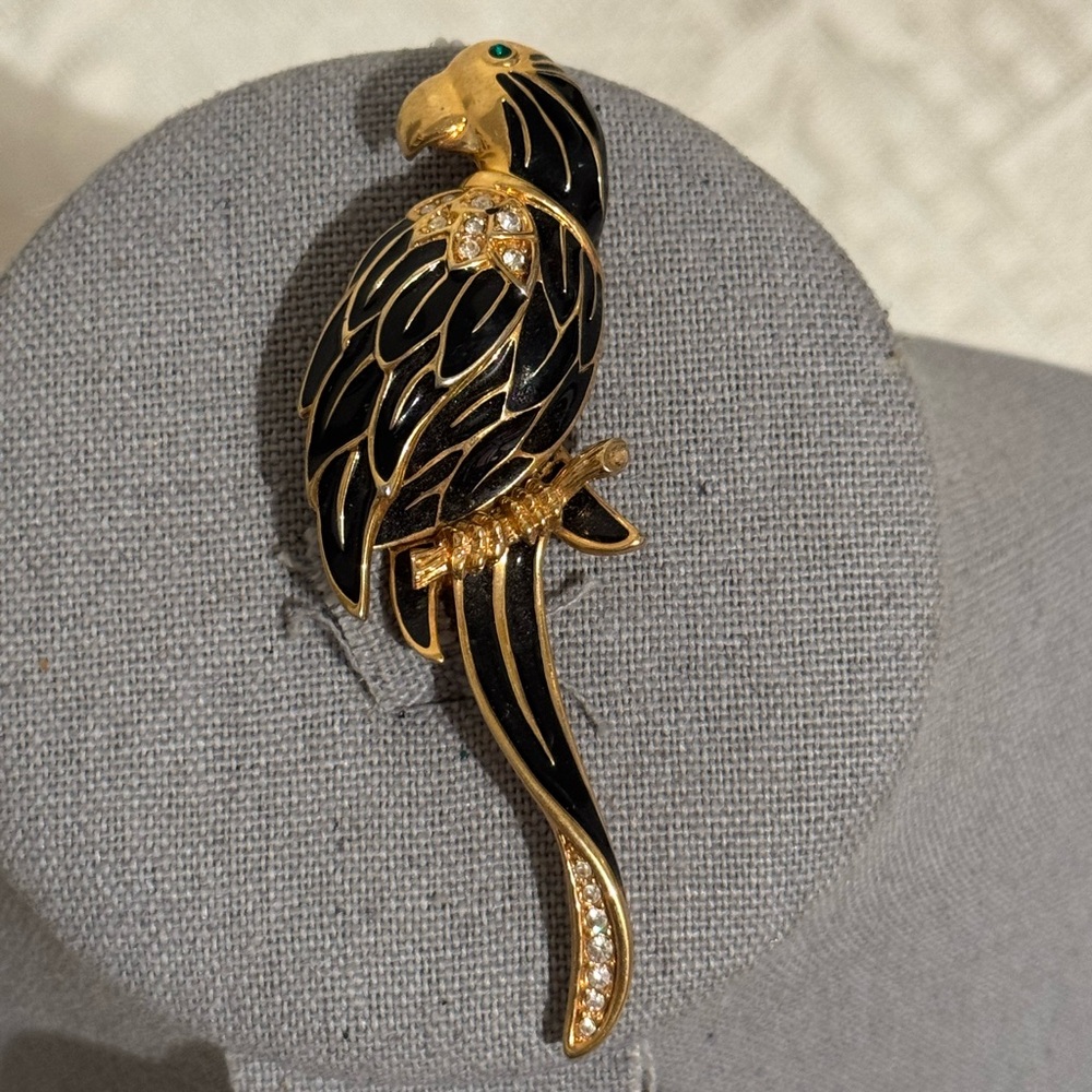 Swarovski Black Enamel Clear Crystal Rhinestone Bird Parrot Brooch Signed SAL